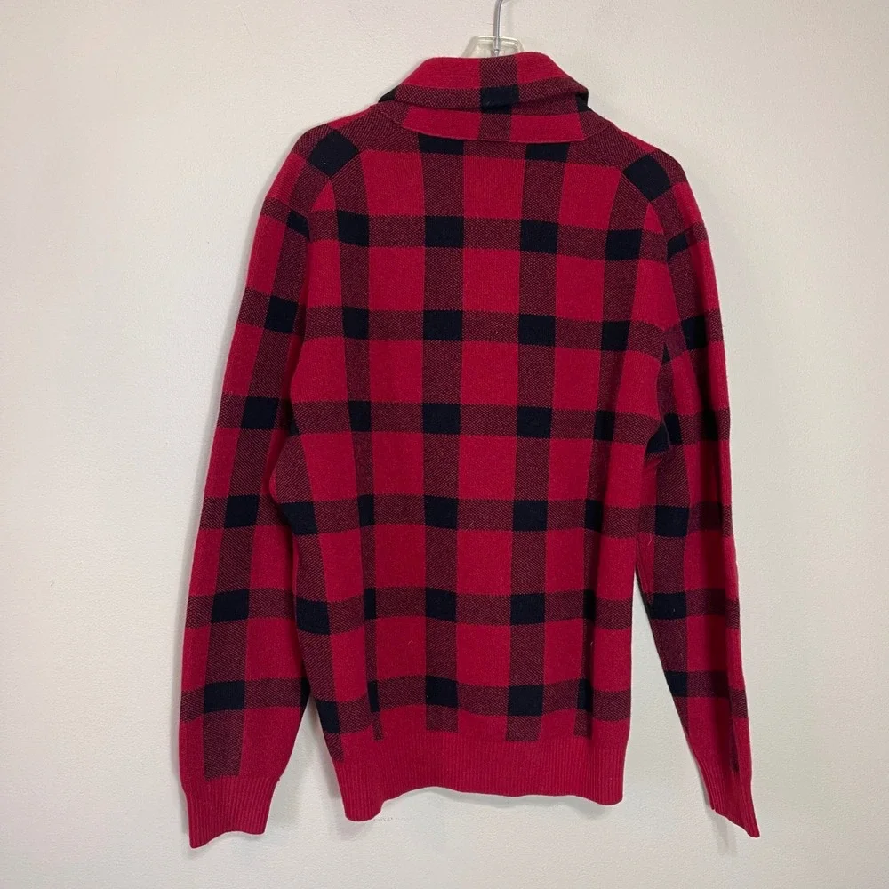 Brooks Brothers Red Black Shawl Collar Plaid Sweater Men's L‎ Italian Yarn Wool